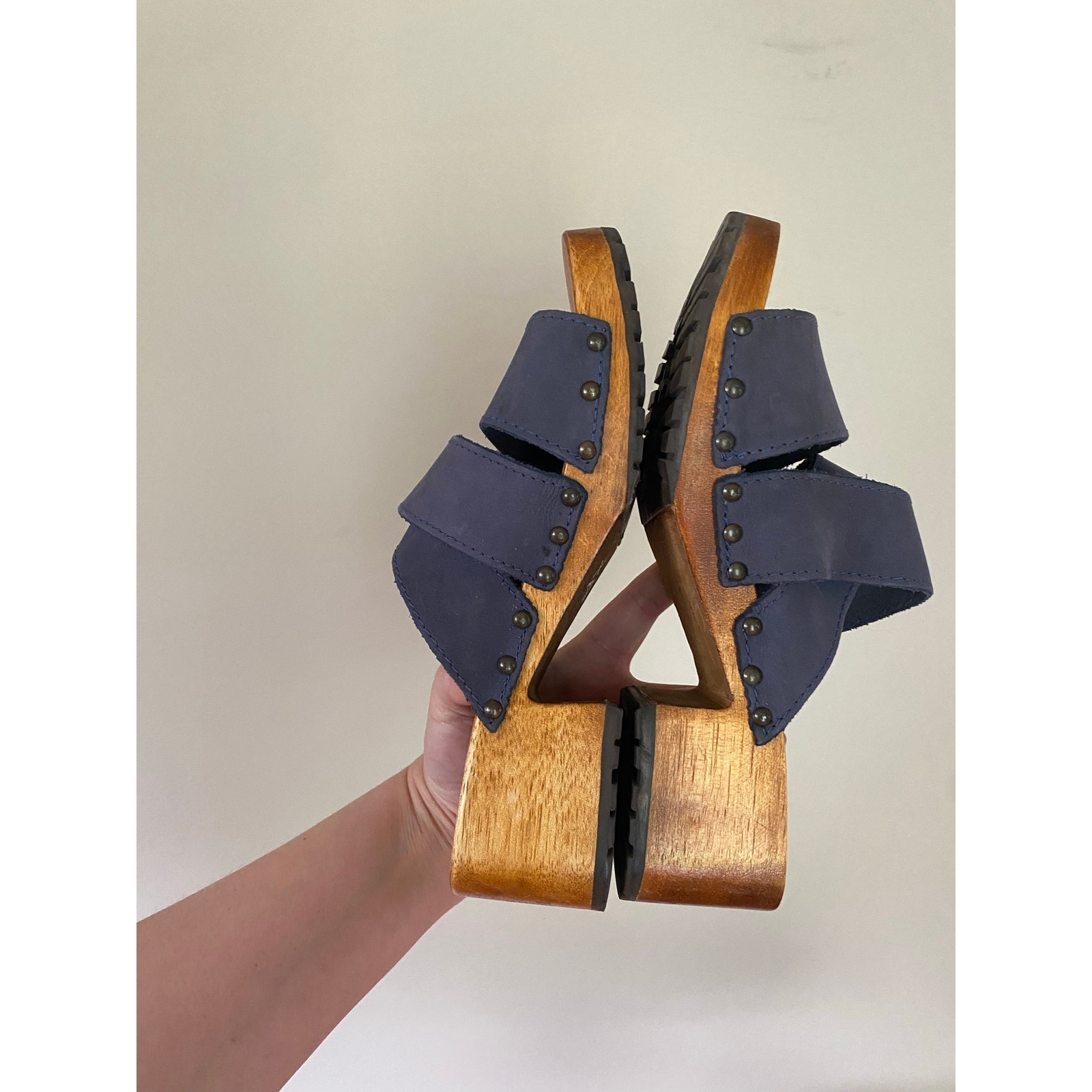 Euc Candies Vintage Wooden & Leather Clogs Sz 6.5 Blue — image 6 of 6